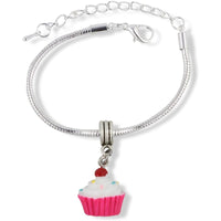 Cupcake (White and Pink Enamel) Snake Chain Charm Bracelet