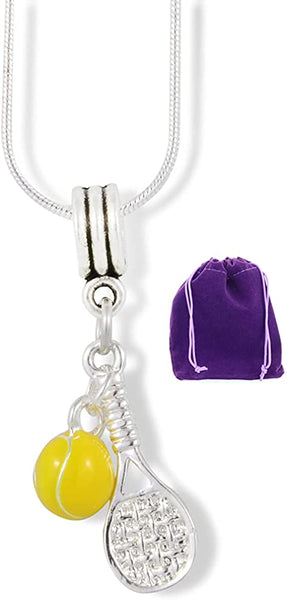 Tennis Racket (Racquet) with Yellow Tennis Ball Charm Snake Chain Necklace