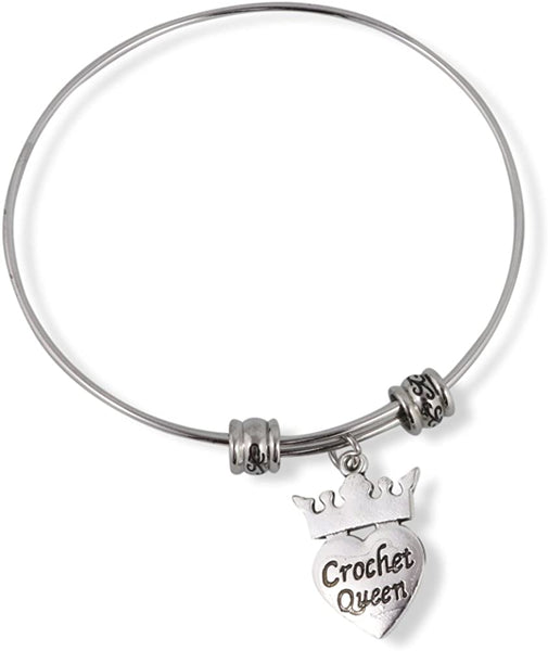 Crochet Queen (on heart and with Crown) Fancy Charm Bangle