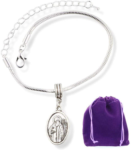 EPJ Catholic Gifts Saint St Benedict Medal San Benito Religious Jewelry Bracelet for Women Silver Plated Chain Charm Gifts Catholic Bracelet for Women Men Boys and Girls