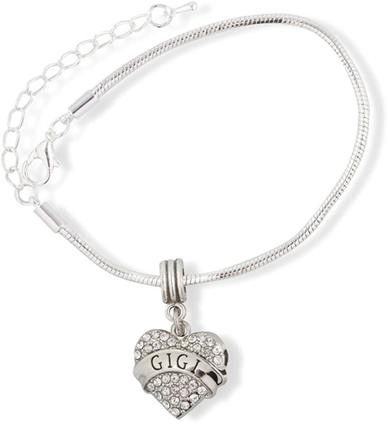 GiGi Bracelet | Grandma Grandmother Text on Rhinestone Heart Stainless Steel Snake Chain Charm Bracelet