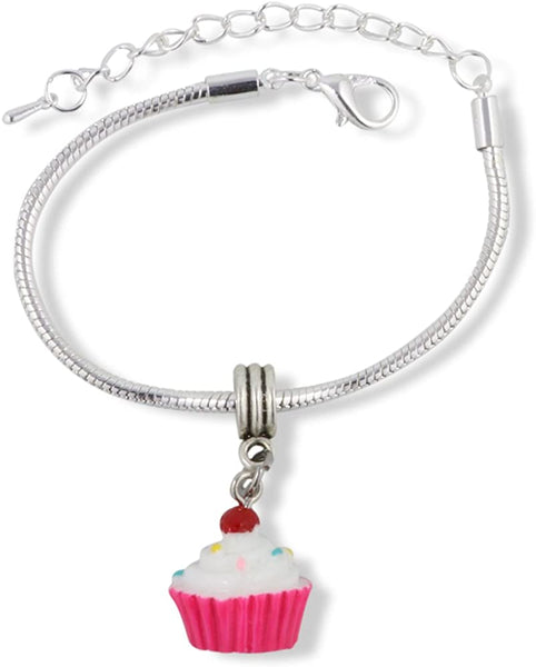 Cupcake (White and Pink Enamel) Snake Chain Charm Bracelet