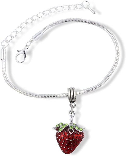 Red Strawberry with Green Leaf and Stem Snake Chain Charm Bracelet