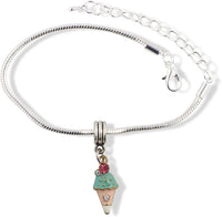 EPJ Ice Cream Cone with Pink and White Cone and Green Ice Cream and 2 Rhinestones Snake Chain Charm Bracelet