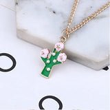 EPJ Cactus Green with Four Pearls and Three Pink Flowers on Gold Chain Necklace