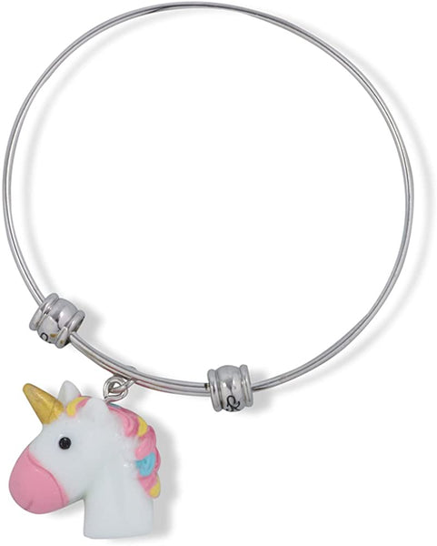 3D White Head Unicorn with Pink Nose Gold Horn Multi Colour Mane Fancy Charm Bangle