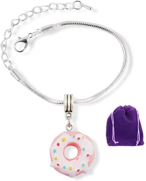 Emerald Park Jewelry Donut Bracelet | (Pink White Icing Sprinkles) Snake Chain Charm Pastry Bracelet
