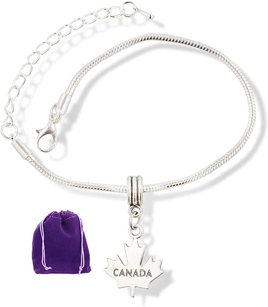 Canada Bracelet | Canadian Maple Leaf Hypoallergenic Stainless Steel Snake Chain Charm Bracelet Gift for any Canadian Souvenir of Canada or Canada Party Supplies of Canada Jewelry
