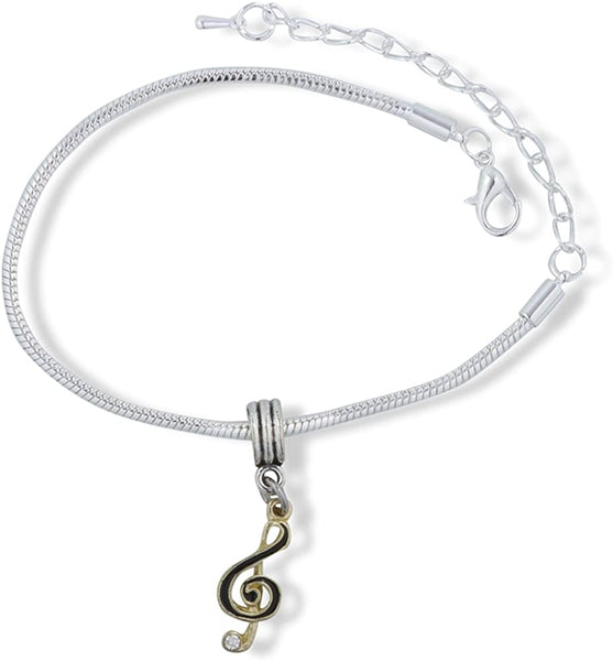 Treble Clef Music Symbol Black on Gold Colour Snake Chain Charm Bracelet