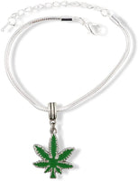 Cannabis Marajuana Green Leaf Snake Chain Charm Bracelet