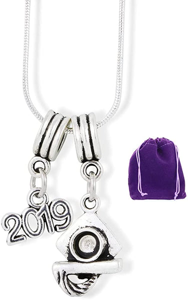 2019 Graduation Necklace Pendant Class of 2019 Jewelry Diploma Cap Silver Plated Snake Chain Bundled with 2019 Grad Graduation Charm Keychain