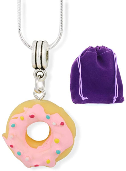 Donut Necklace for Womens ( Yellow Doughnut with Pink Icing and Sprinkles) Charm Snake Chain Necklace