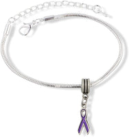 Purple Ribbon Cancer Alzheimer Crohn Animal Abuse Snake Chain Charm Bracelet