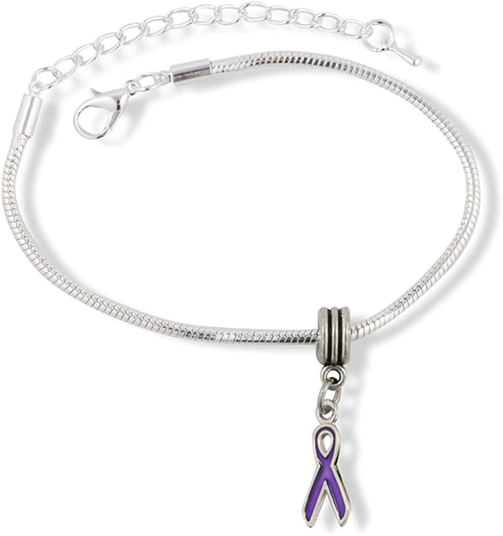 Purple Ribbon Cancer Alzheimer Crohn Animal Abuse Snake Chain Charm Bracelet