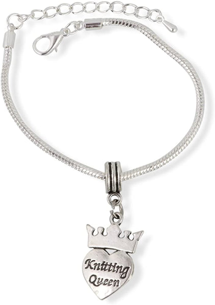 Knitting Queen with Crown Snake Chain Charm Bracelet