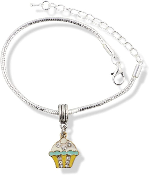 EPJ Cupcake White and Blue Icing on Yellow Bottom with Rhinestones Snake Chain Charm Bracelet