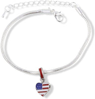 American Flag USA on a Heart Snake Chain Charm Bracelet