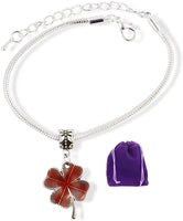 Four Leaf Clover with Red Brown Tint Snake Chain Charm Bracelet