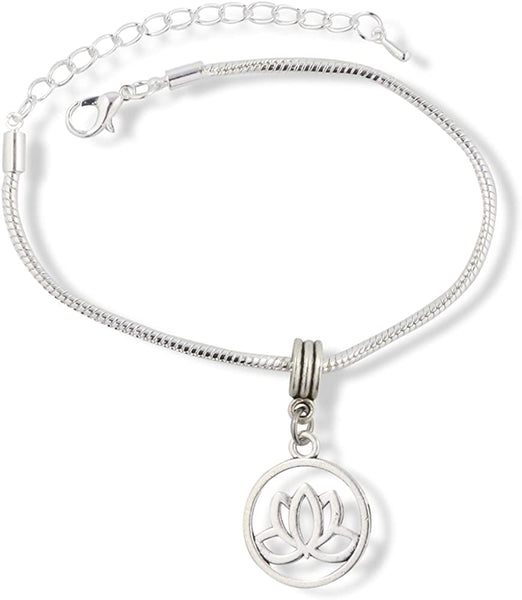 Lotus Flower in a Circle Snake Chain Charm Bracelet