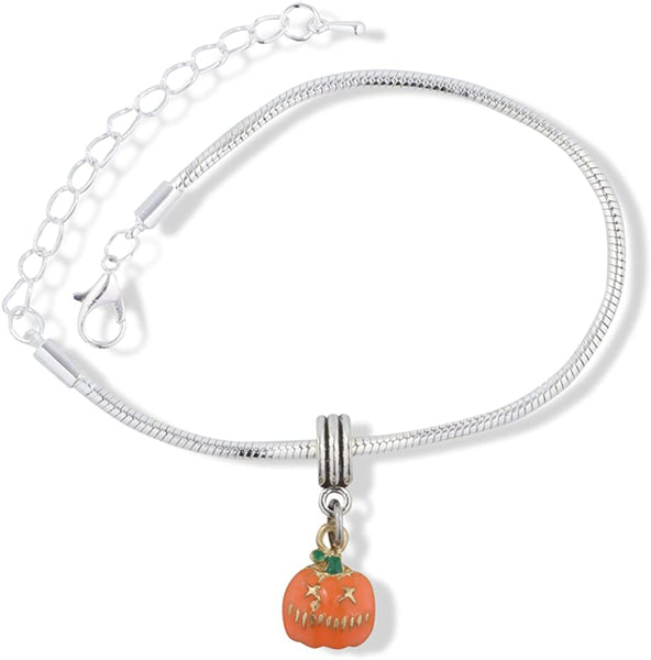 EPJ Pumpkin Jack O Lantern Orange with Green Stem Snake Chain Charm Bracelet