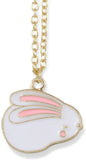 Bunny Rabbit Cartoonish White with Two Pink Ears and One Pink Cheek on Gold Necklace