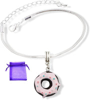 Emerald Park Jewelry Chocolate Donut with Pink Icing and Sprinkles Snake Chain Charm Bracelet