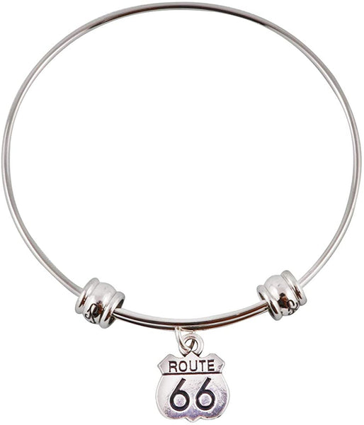 Route 66 Bracelet | Hypoallergenic Stainless Steel Bracelet Bangle of Historic Route 66 Sign Charm on Route 66 Jewelry for Women and Men with Route 66 Charm