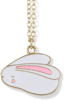 Bunny Rabbit Cartoonish White with One Pink Ear on Gold Necklace