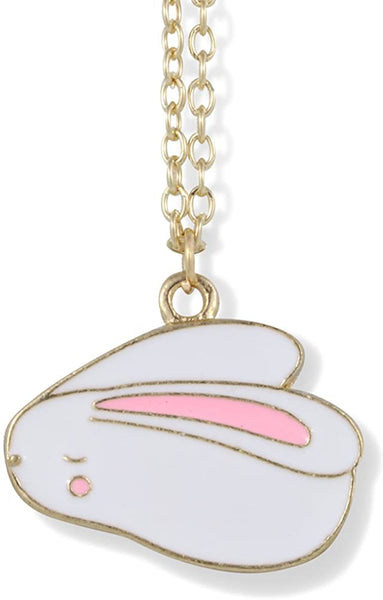 Bunny Rabbit Cartoonish White with One Pink Ear on Gold Necklace