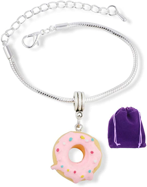 Donut Bracelet | Yellow Doughnut with Pink Icing and Sprinkles Snake Chain Charm Jewelry