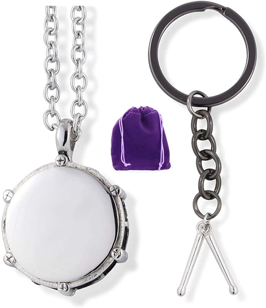 EPJ Snare Drum Charm Stainless Steel Chain Necklace Bundled with Drum Sticks Small Drumming Instruments Charm Keychain