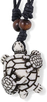 Turtle with Two Small Turtle on Shell Bone Enamel Charm Leather Rope Necklace