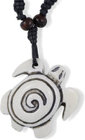 Turtle with Swirls on Shell Bone Enamel Charm Leather Rope Necklace