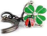 Ladybug Gifts | Ladybug Key Chain of a Lady Bug on a Four Leaf Clover Lucky Keychain 1 inch diameter Black Key Chain with Black Chain to the Ladybug Charm on a Four Leaf Clover with Rhinestone Center