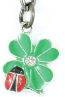 Ladybug Gifts | Ladybug Key Chain of a Lady Bug on a Four Leaf Clover Lucky Keychain 1 inch diameter Black Key Chain with Black Chain to the Ladybug Charm on a Four Leaf Clover with Rhinestone Center