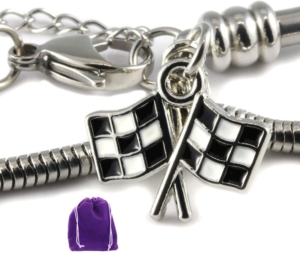 Racing Bracelet | Black and White Checkered Flag Stainless Steel Snake Chain Charm Bracelet Racing Party Favors Checker Flags for Women and Men Black and White Checkered Flags for Racing Fans