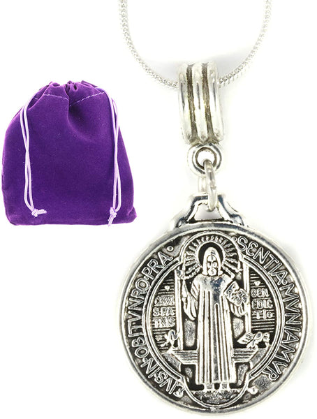 St Benedict Necklace | St Benedict Medals Pendant on a 22 inch Silver Plated Snake Chain Medallas de Hombre Gift for Men or Women Medalla de San Benito Saint Benedict Necklace of Protection