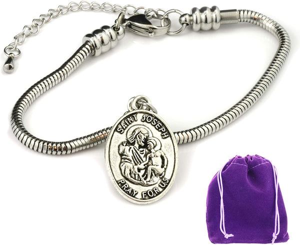 St. Joseph The Protector | Saint Joseph Bracelet Jewelry Stainless Steel Snake Chain Charm Bracelet Used as Saint Bracelet Catholic or Blessings Bracelets for Women St Joseph Medals Saint Joseph Charm